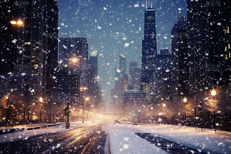 城市雪景雪夜建筑原画