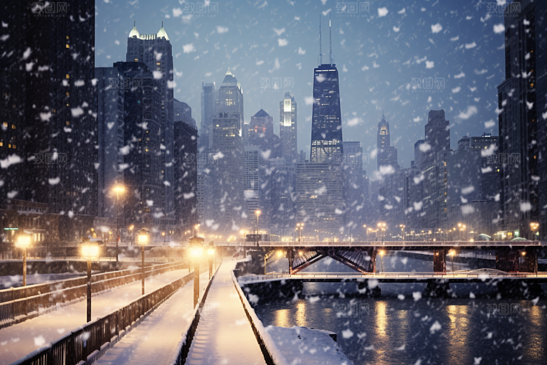城市雪景下雪的都市建筑原画