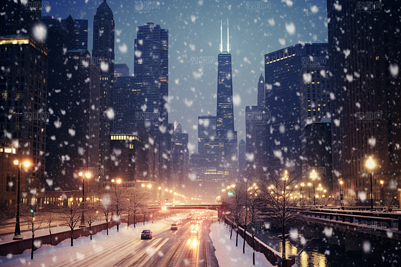 城市雪景下雪的都市城市街道原画