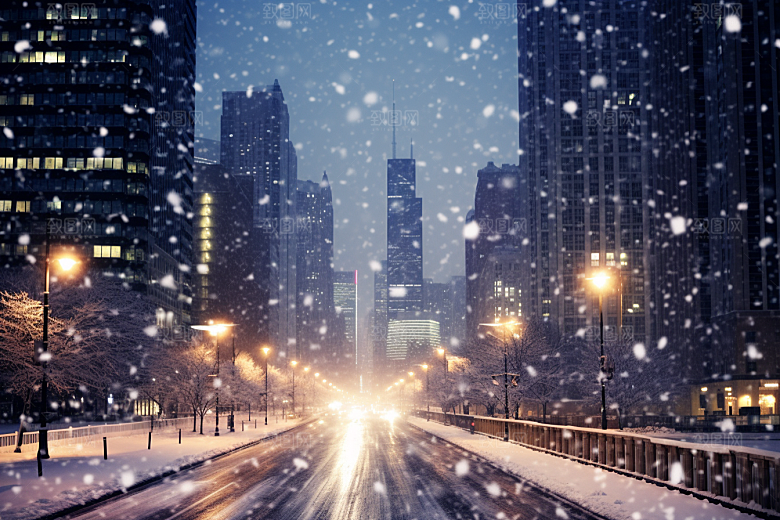 城市雪景下雪的都市城市街道原画