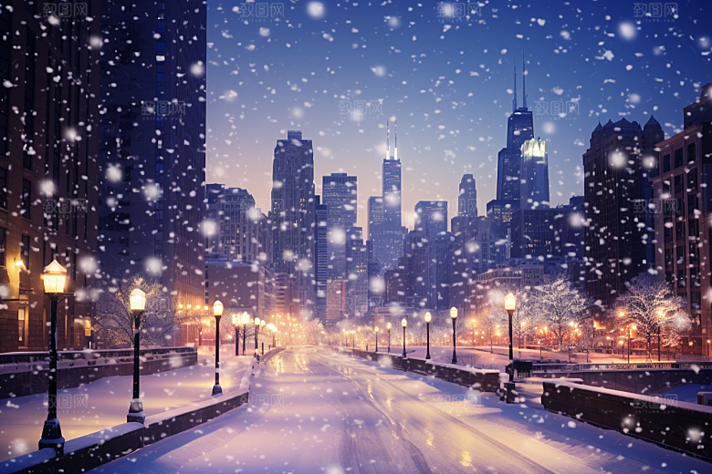 城市雪景静谧建筑原画