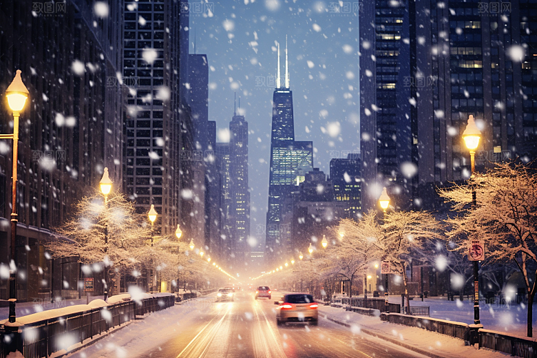 城市雪景建筑城市街道原画
