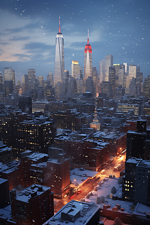 城市雪景城市街道雪夜原画