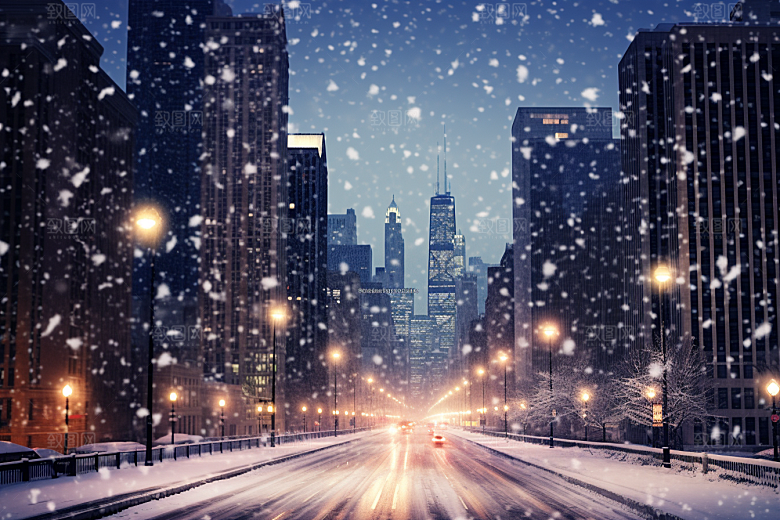城市雪景静谧城市街道原画