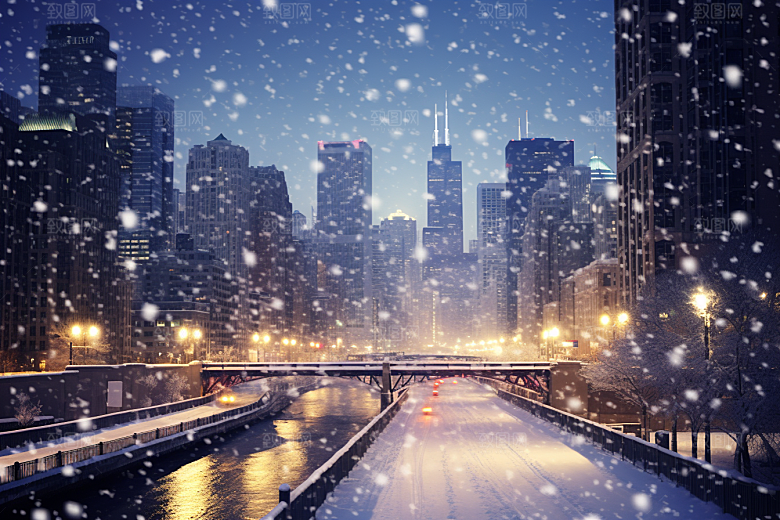 城市雪景城市街道雪夜原画