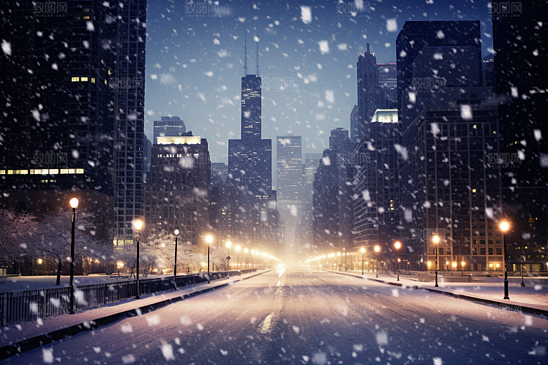 城市雪景建筑静谧原画
