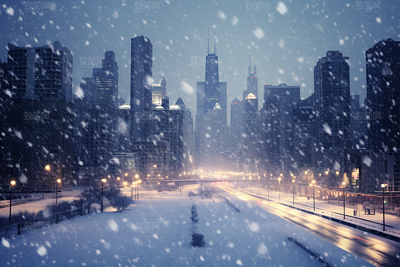 城市雪景城市街道雪夜原画