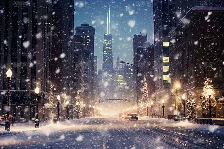 城市雪景建筑下雪的都市原画