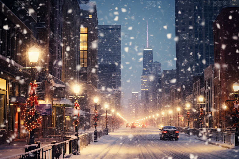 城市雪景城市街道雪夜原画