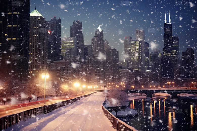 城市雪景建筑下雪的都市原画
