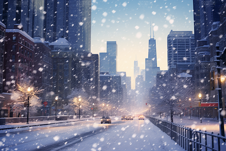 城市雪景下雪的都市建筑原画