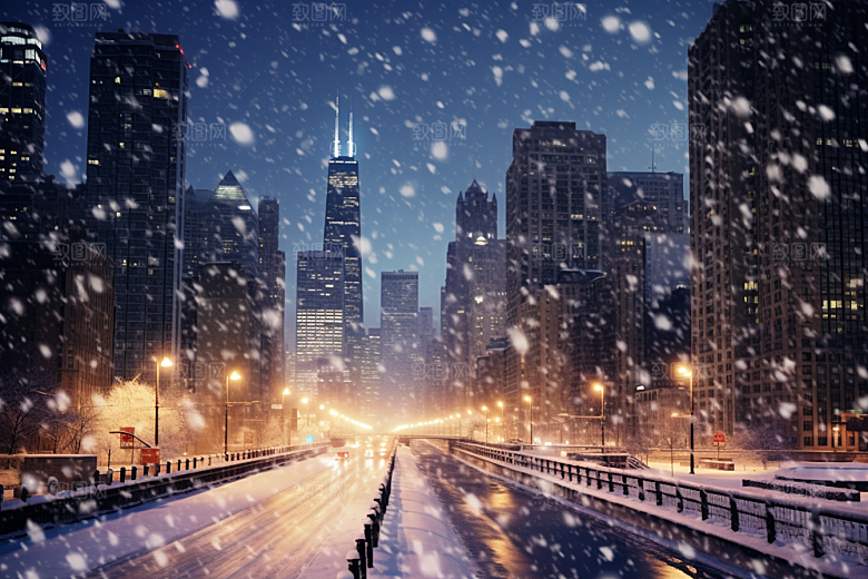 城市雪景建筑下雪的都市原画