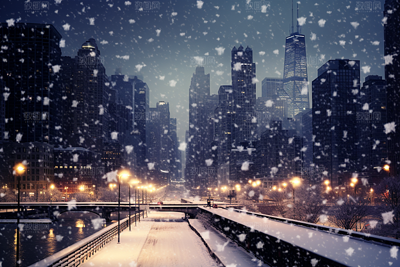 城市雪景城市街道雪夜原画