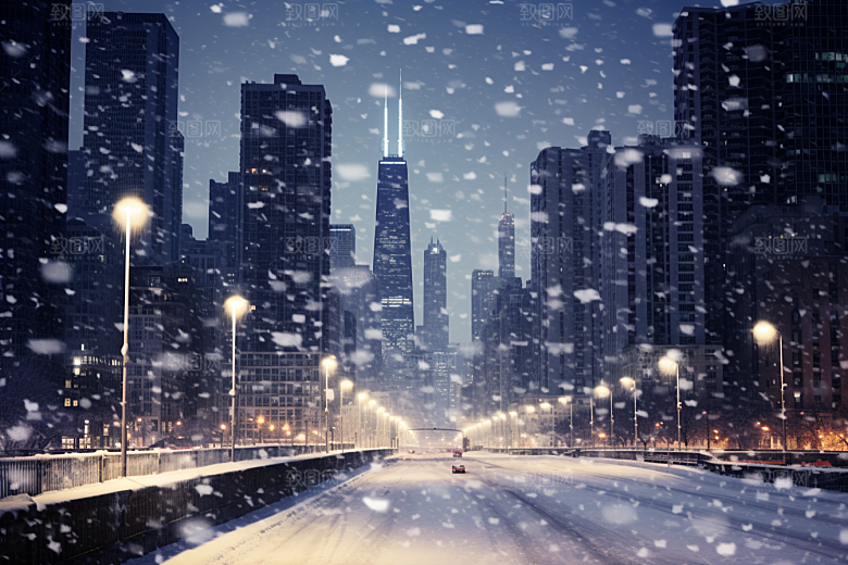 城市雪景下雪的都市城市街道原画