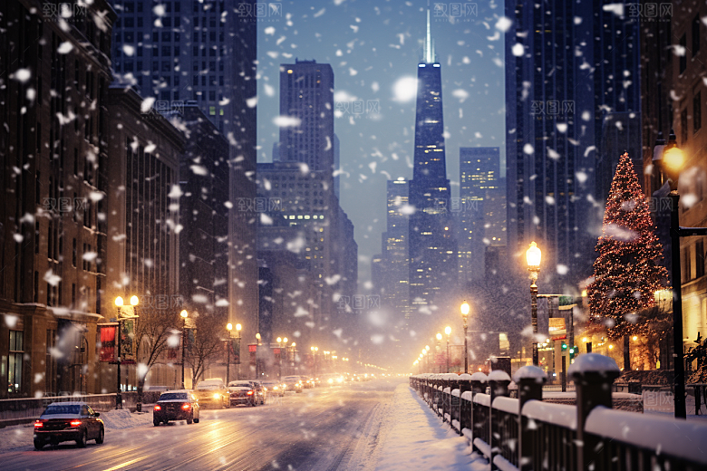 城市雪景城市街道下雪的都市原画