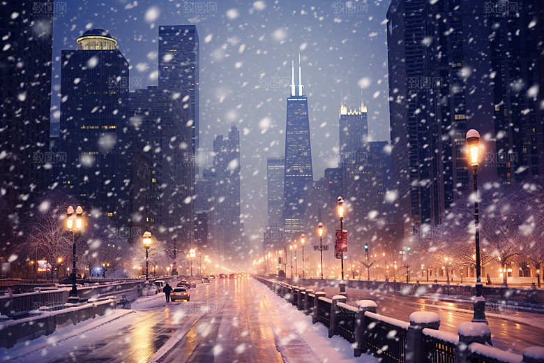 城市雪景静谧雪夜原画