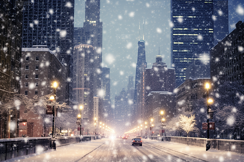 城市雪景城市街道雪夜原画