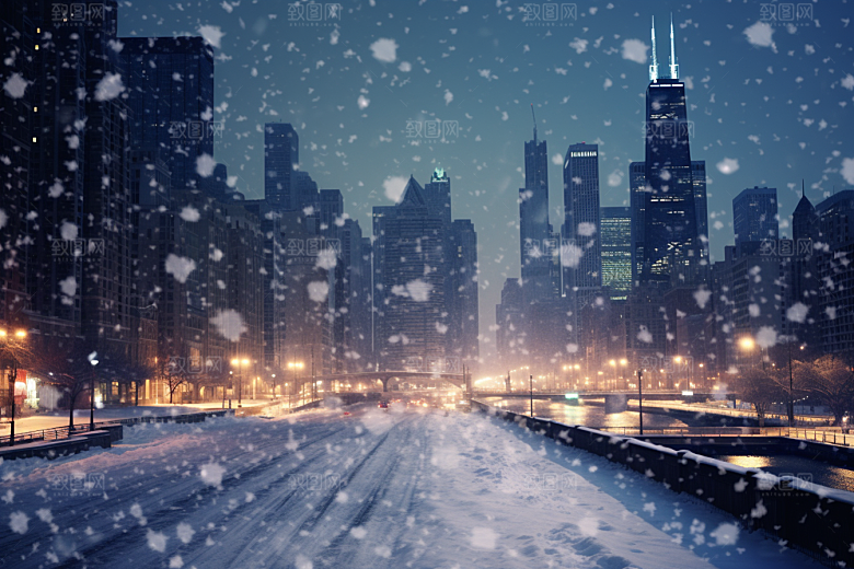 城市雪景城市街道雪夜原画