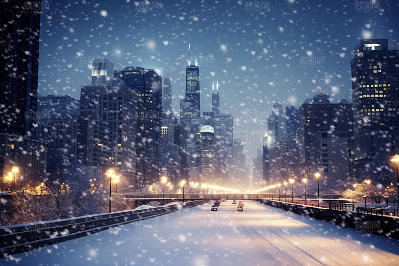 城市雪景下雪的都市建筑原画