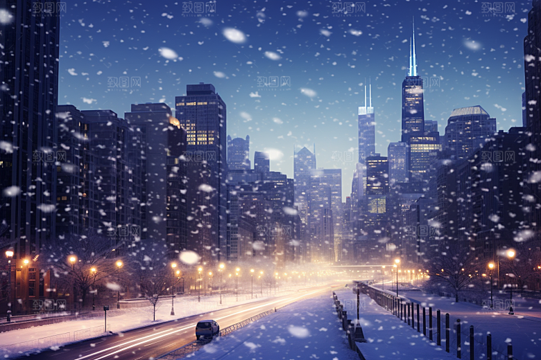 城市雪景城市街道下雪的都市原画