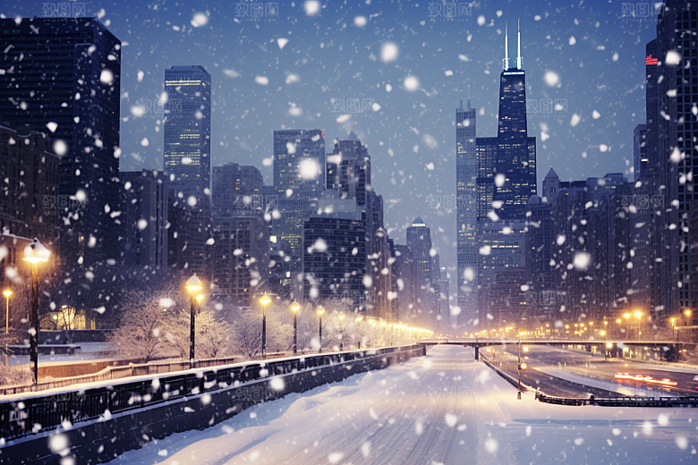 城市雪景静谧建筑原画