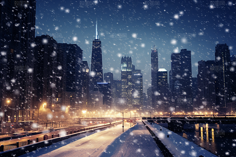 城市雪景建筑静谧原画