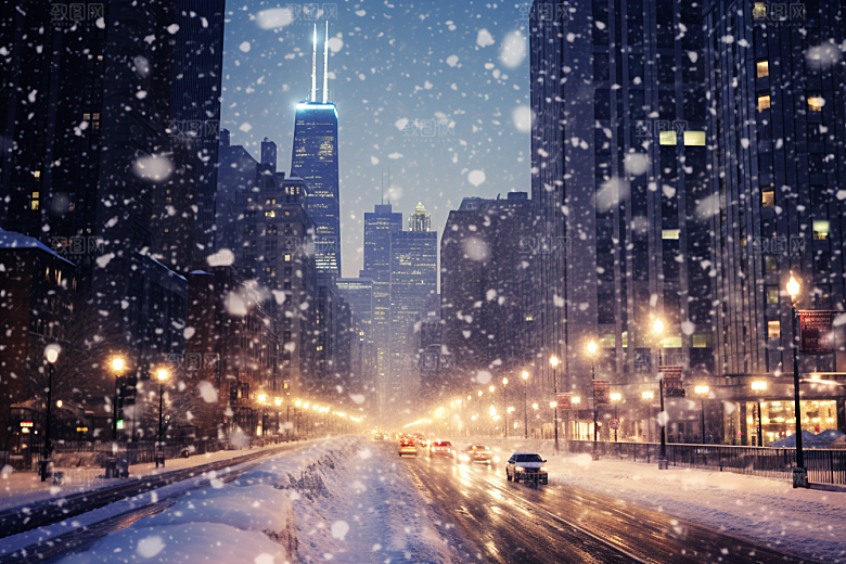 城市雪景建筑下雪的都市原画