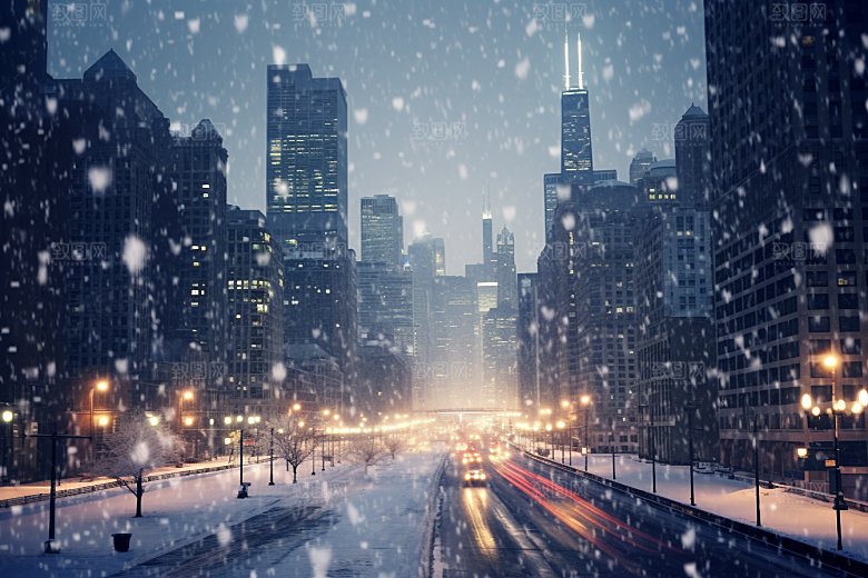 城市雪景静谧建筑原画
