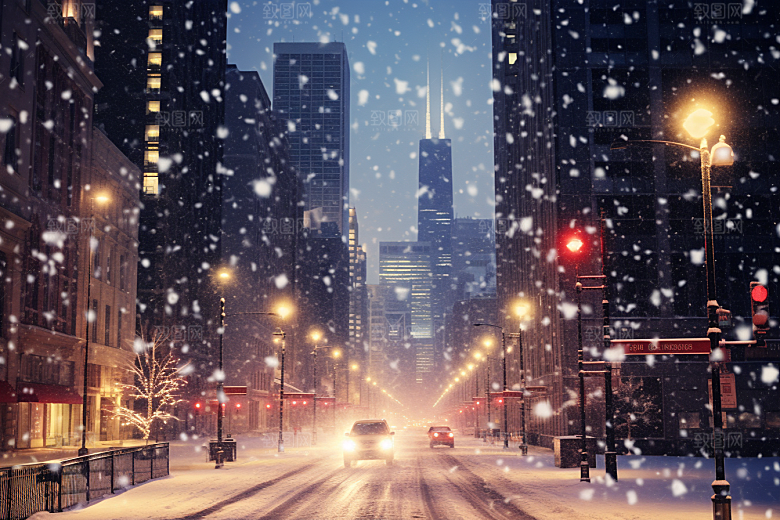 城市雪景城市街道静谧原画