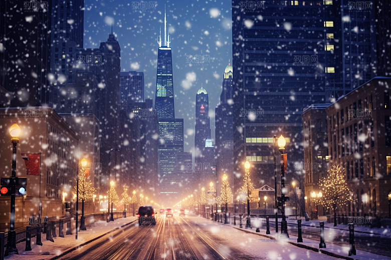 城市雪景城市街道下雪的都市原画