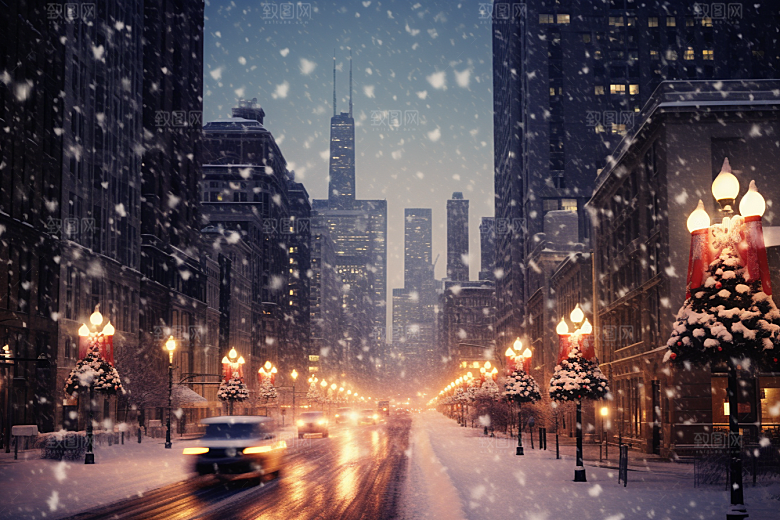 城市雪景建筑雪夜原画