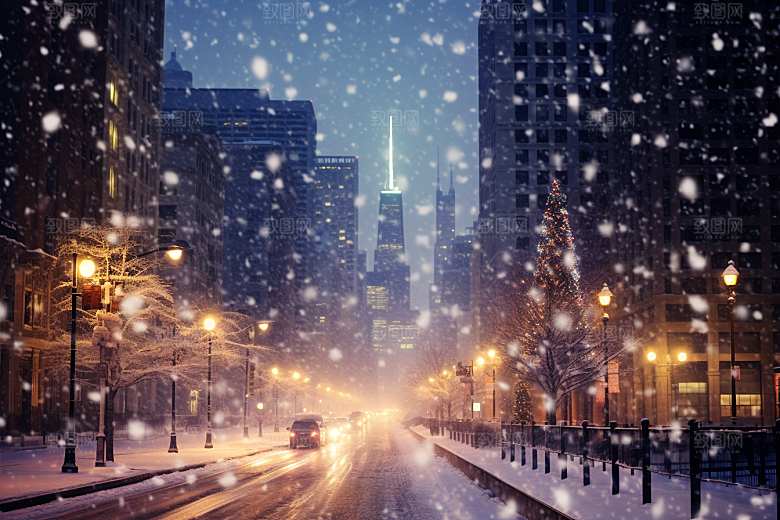 城市雪景雪夜城市街道原画