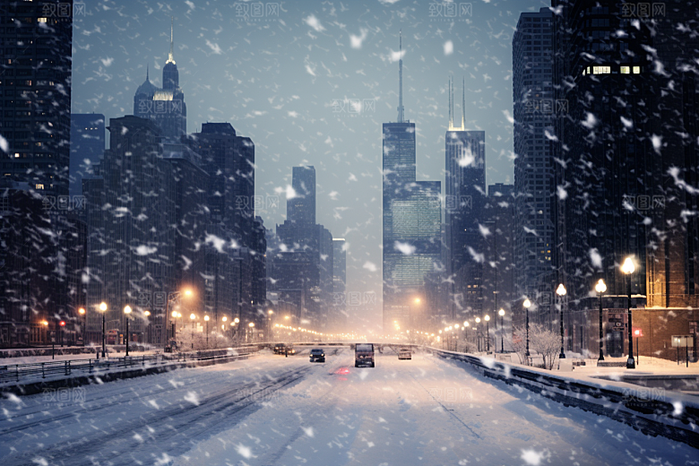 城市雪景城市街道雪夜原画
