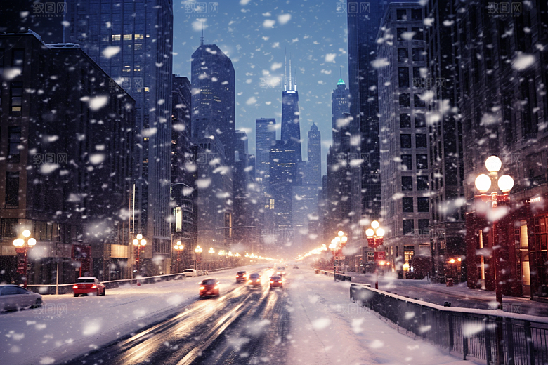 城市雪景下雪的都市城市街道原画