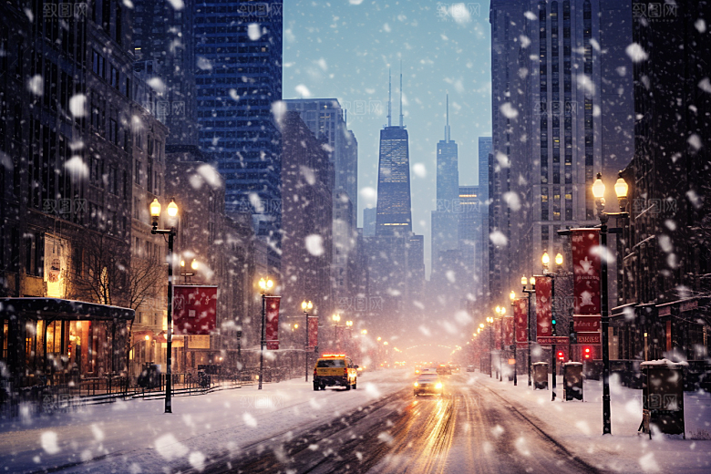 城市雪景下雪的都市城市街道原画