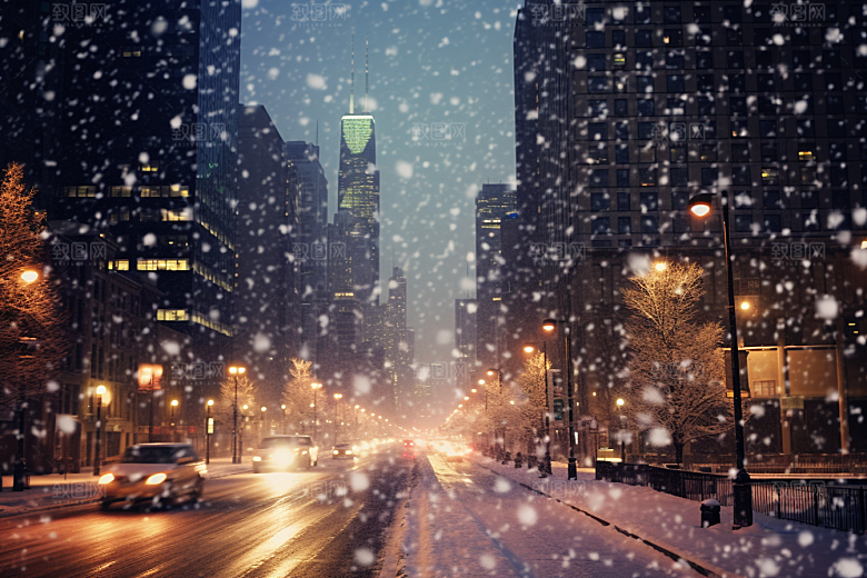城市雪景城市街道雪夜原画