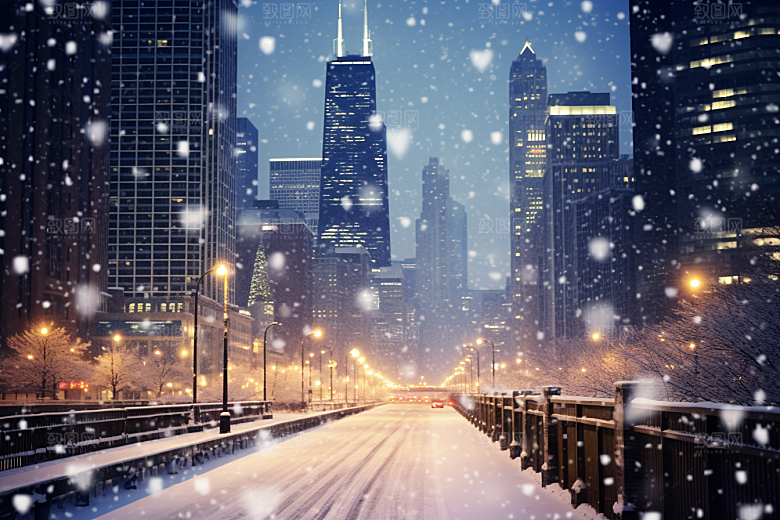 城市雪景静谧雪夜原画