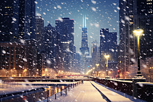 城市雪景建筑雪夜原画