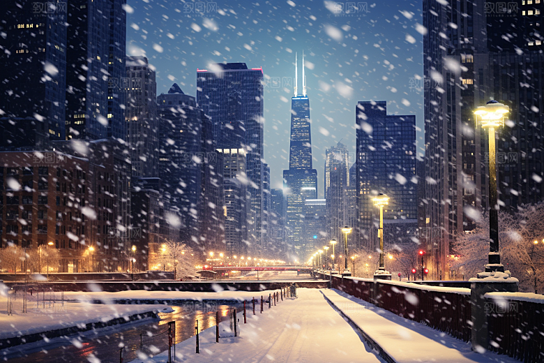 城市雪景建筑雪夜原画