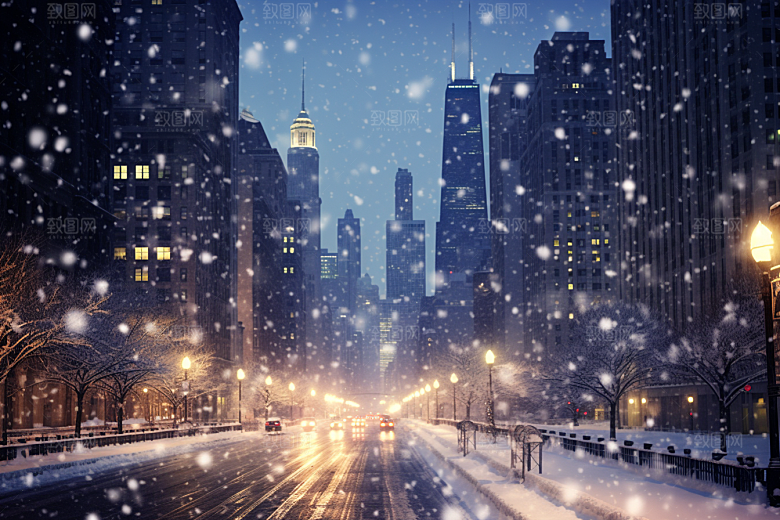 城市雪景雪夜城市街道原画