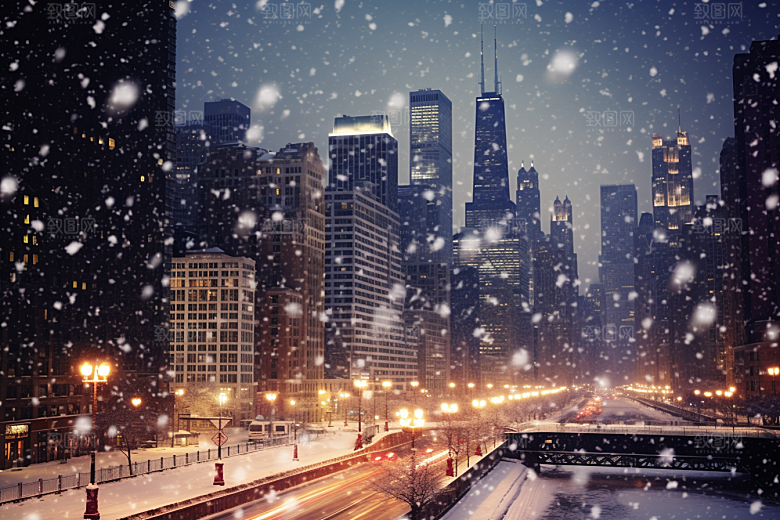 城市雪景城市街道雪夜原画