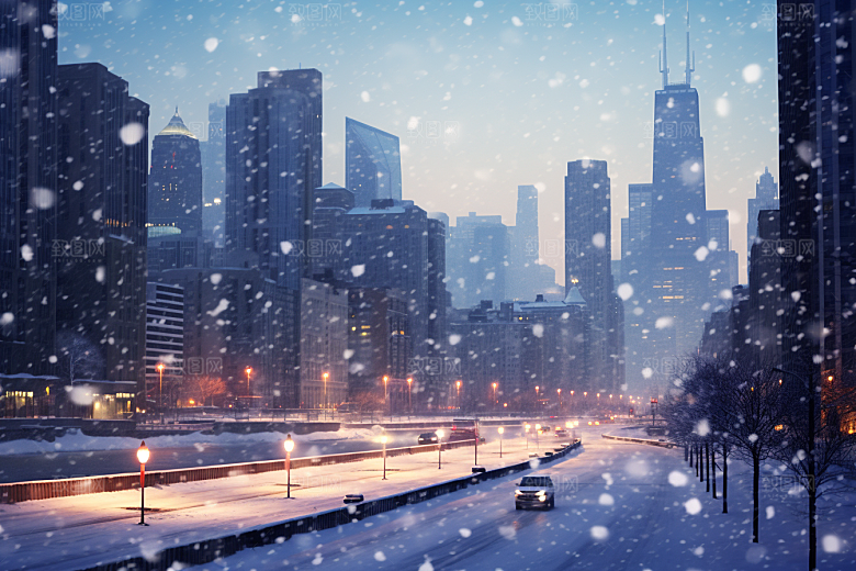 城市雪景静谧城市街道原画