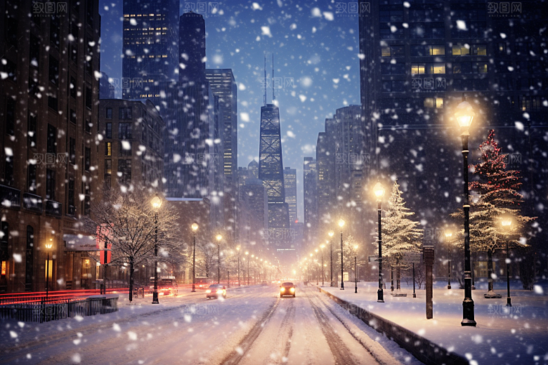 城市雪景建筑城市街道原画