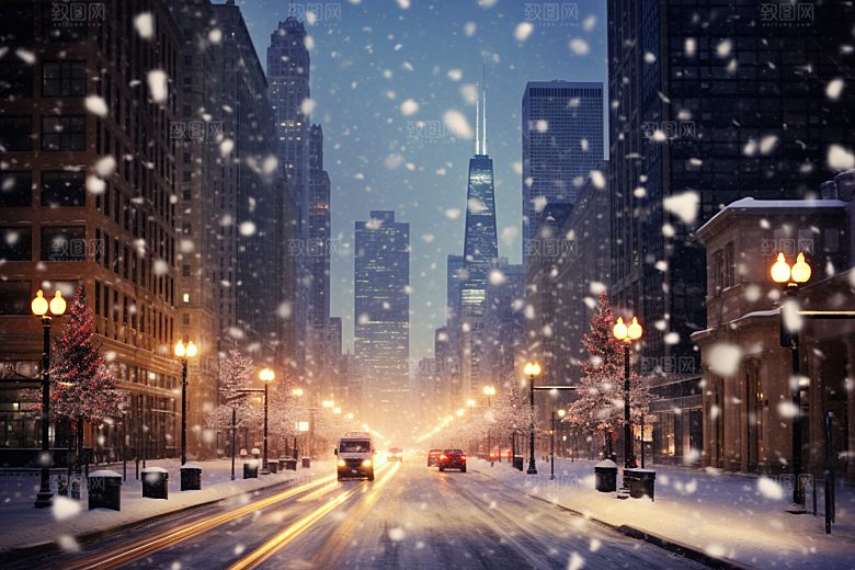 城市雪景雪夜静谧原画