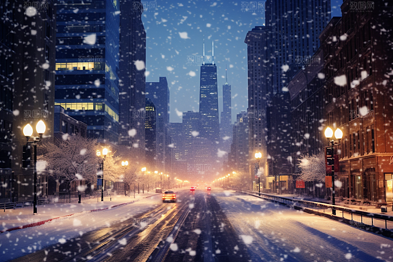 城市雪景城市街道下雪的都市原画