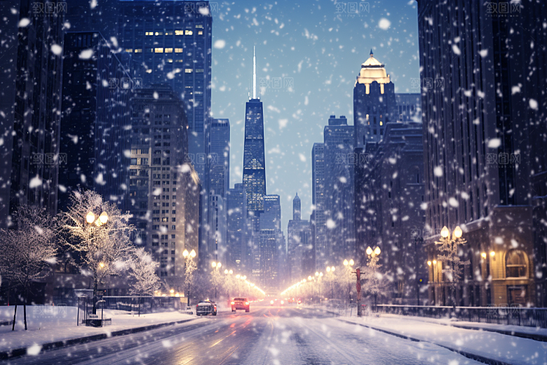 城市雪景静谧建筑原画