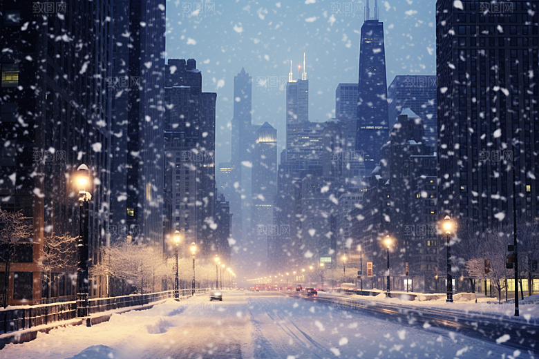 城市雪景城市街道雪夜原画