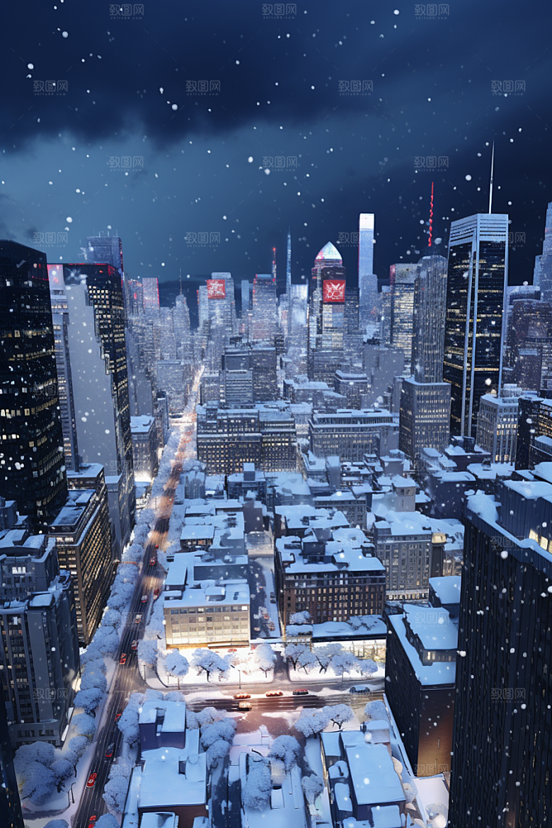 城市雪景城市街道雪夜原画