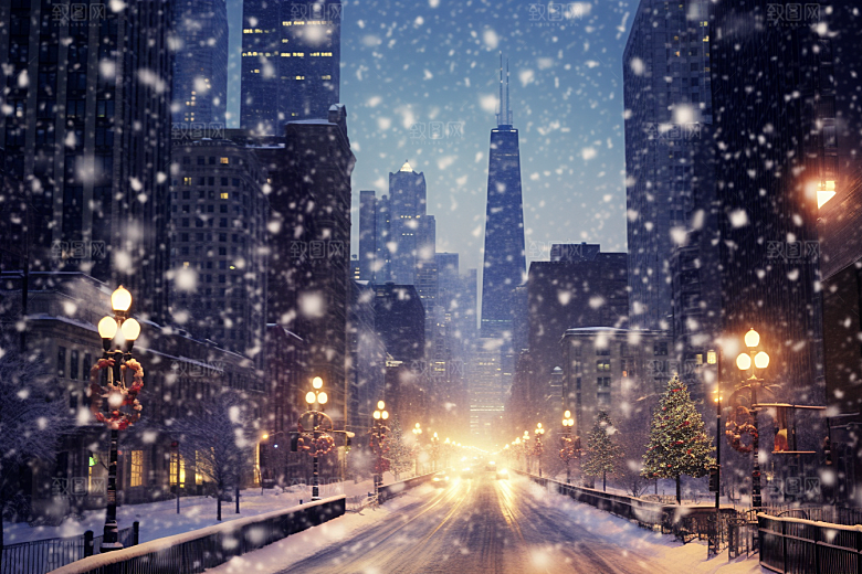 城市雪景下雪的都市城市街道原画