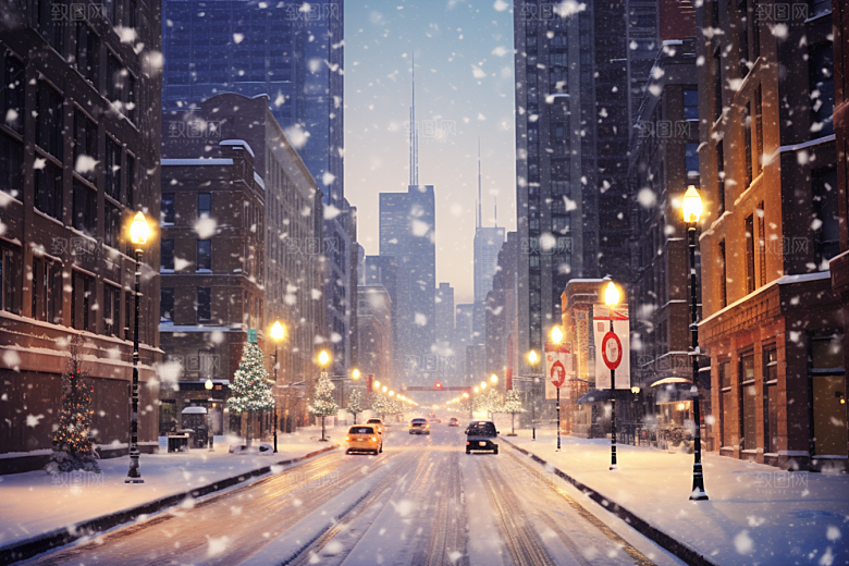 城市雪景城市街道雪夜原画